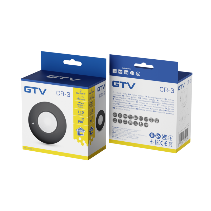 Датчик движения CR-3 макс 1200 Вт угол обнаружения 360° 6 м ± 2,2-4 м IP20 черный GTV CR-CR3000-10