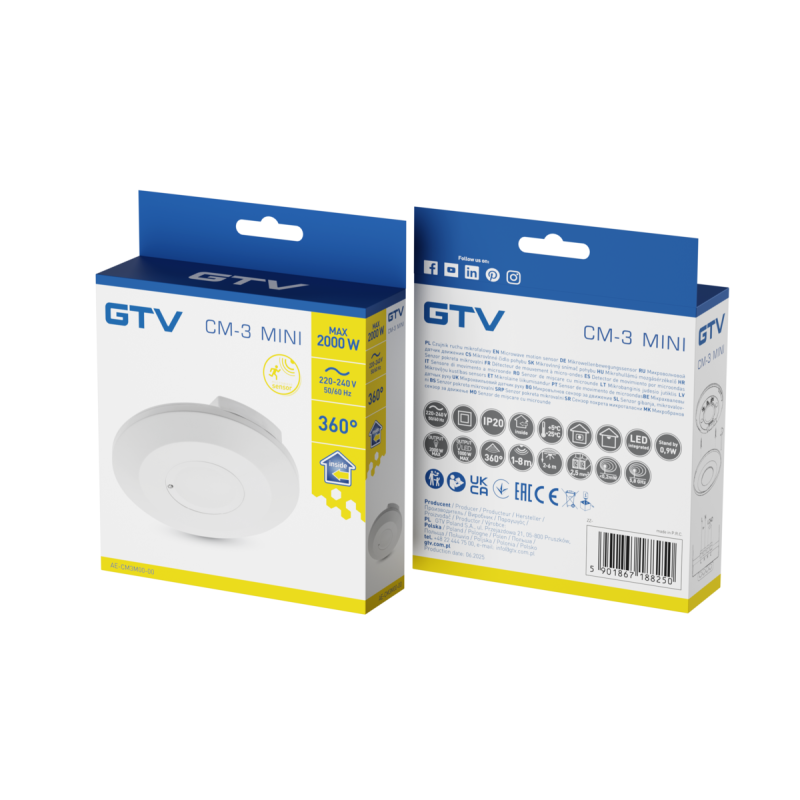 Датчик движения микроволновой CM-3 MINI макс 2000 Вт угол обнаружения 360° 1-8 м ± 2- 6 м IP20 белый GTV AE-CM3M00-00