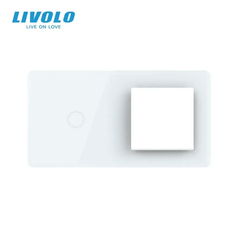Рамка 2-постова для 1-сенсорного вимикача та розетки (1-0) LIVOLO, загартоване скло, біла 2.5D, 151×
