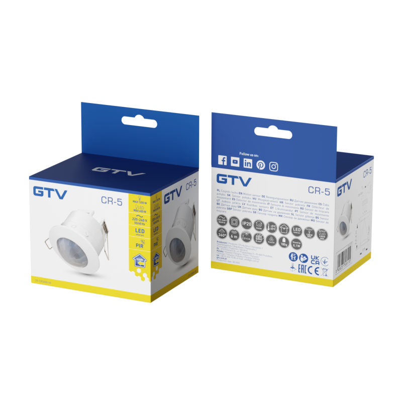 Датчик движения CR-5 макс 1200 Вт угол обнаружения 360° 6 м ± 2,2-4 м IP20 белый GTV CR-CR5000-00