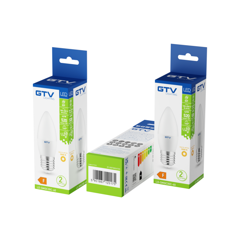 Светодиодная лампа C30 E27 6 Вт 470 Лм 3000К 220-240В 160° GTV LD-SMGC30C-60