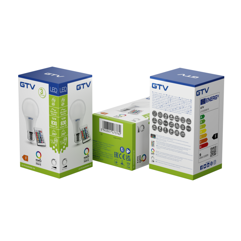 Лампа светодиодная, RGBW, 3000K, A60, E27, 9W, AC220-240V, 200°, 830lm, 78mA, пульт RGBW LD-PC2A60RGBW-9W