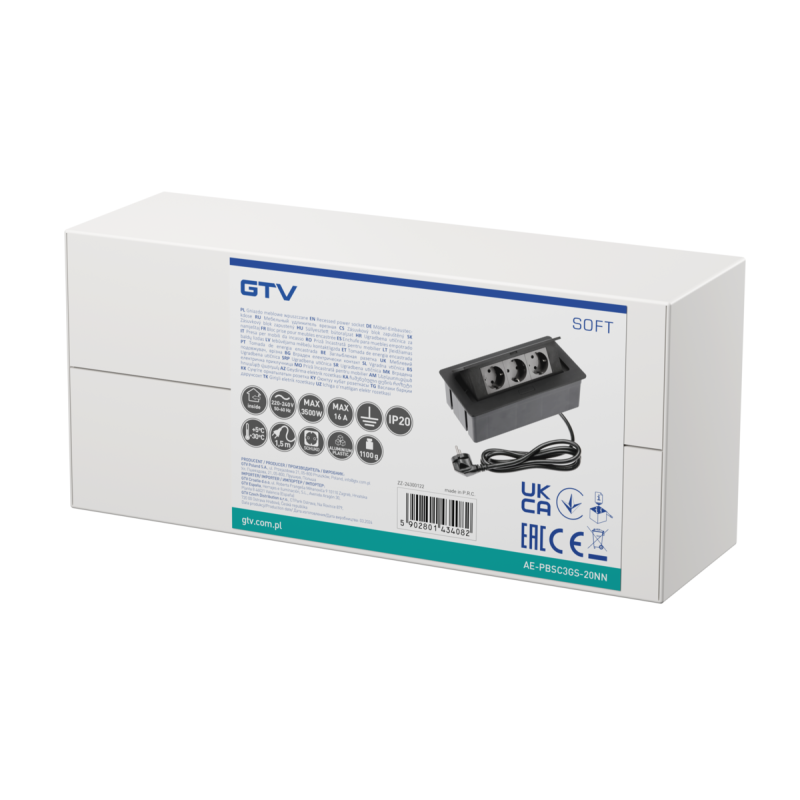 Меблева розетка в стільницю врізна GTV SOFT, 3хSHUKO, кабель 1.5 м, чорний AE-PBSC3GS-20NN