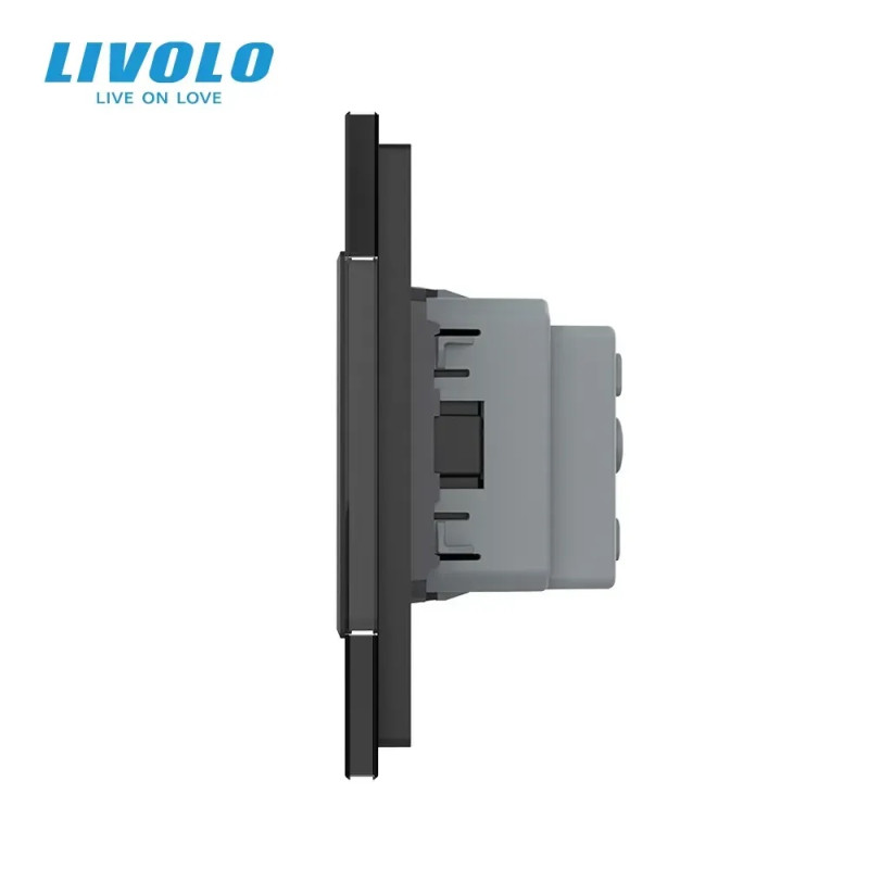 Потрійна електрична розетка з заземленням LIVOLO, чорна, скляна рамка, шторки, 250В 16А (VL-C7C3EU-1