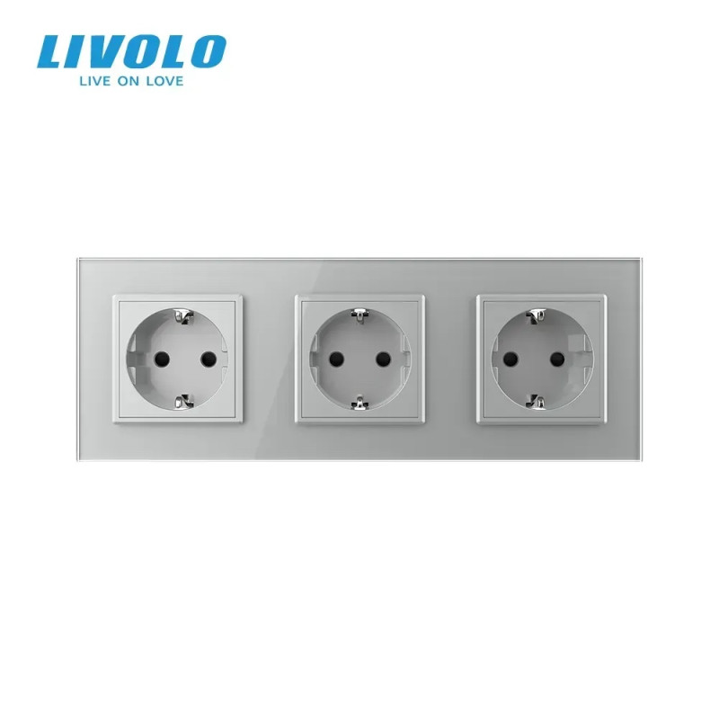 Потрійна електрична розетка з заземленням LIVOLO, сіра, скляна матова рамка, шторки, 250В 16А