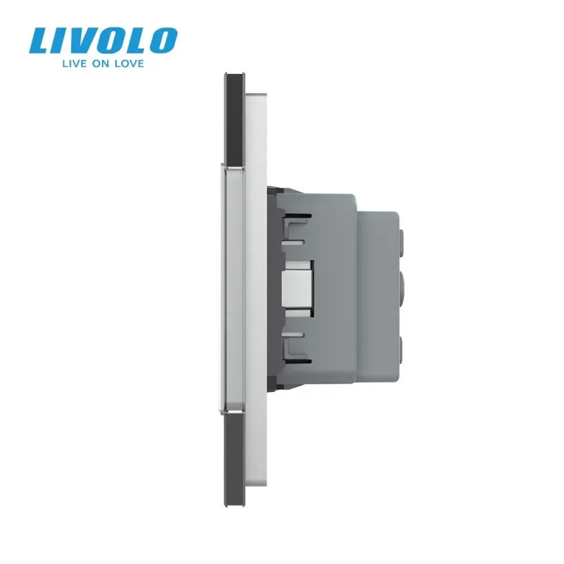 Потрійна електрична розетка з заземленням LIVOLO, сіра, скляна матова рамка, шторки, 250В 16А