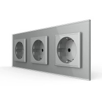 Потрійна електрична розетка з заземленням LIVOLO, сіра, скляна рамка, шторки, 250В 16А (VL-C7C3EU-15