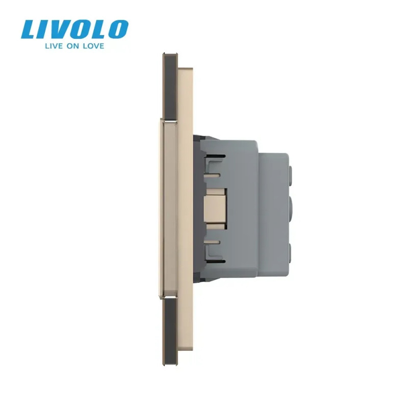 Потрійна електрична розетка з заземленням LIVOLO, золота, скляна матова рамка, шторки, 250В 16А