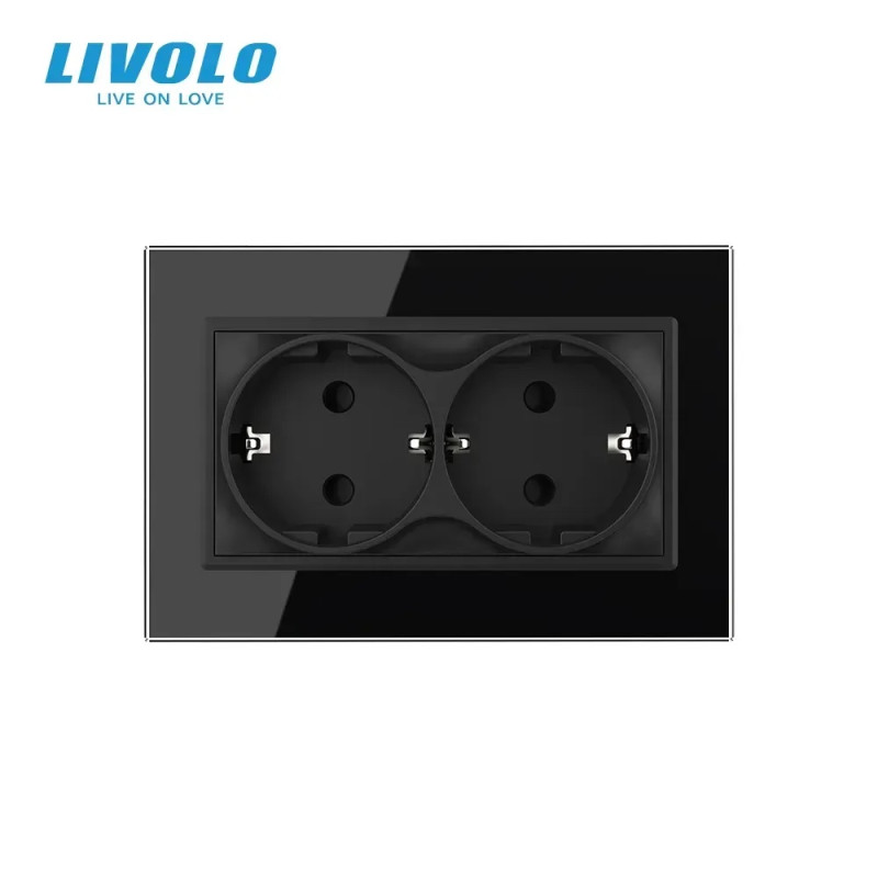 Двойная электрическая розетка в один подрозетник с заземлением LIVOLO, черная, стеклянная рамка, 250В 16А (