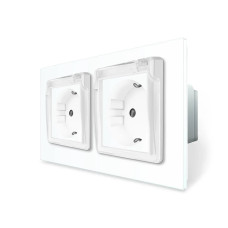 Двойная электрическая розетка влагозащитная с крышкой IP44 с заземлением, LIVOLO, белая, стеклянная матовая