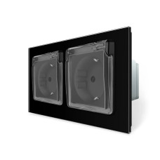 Двойная электрическая розетка влагозащитная с крышкой IP44 с заземлением, LIVOLO, черная, стеклянная матовая