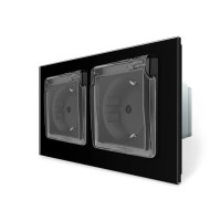 Подвійна електрична розетка вологозахисна з кришкою IP44 з заземленням, LIVOLO, чорна, скляна рамка,