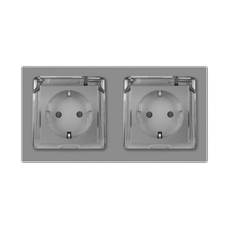 Подвійна електрична розетка вологозахисна з кришкою IP44 з заземленням, LIVOLO, сіра, скляна рамка, 