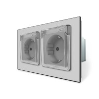 Подвійна електрична розетка вологозахисна з кришкою IP44 з заземленням, LIVOLO, сіра, скляна рамка, 