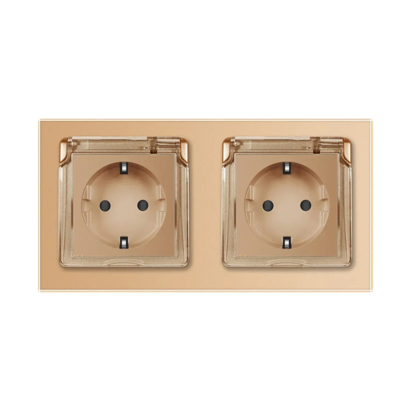 Подвійна електрична розетка вологозахисна з кришкою IP44 з заземленням, LIVOLO, золота, скляна рамка
