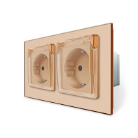 Подвійна електрична розетка вологозахисна з кришкою IP44 з заземленням, LIVOLO, золота, скляна рамка