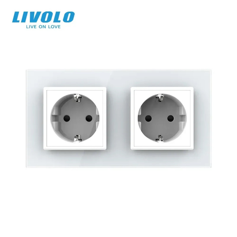 Двойная электрическая розетка с заземлением LIVOLO, белая, стеклянная матовая рамка, шторки, 250В 16А