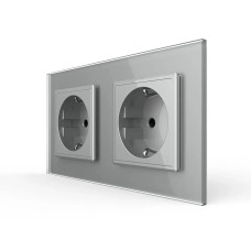 Двойная электрическая розетка с заземлением LIVOLO, серая, стеклянная матовая рамка, шторки, 250В 16А