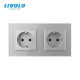 Двойная электрическая розетка с заземлением LIVOLO, серая, стеклянная рамка, шторки, 250В 16А (VL-C7C2EU-15
