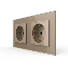 Двойная электрическая розетка с заземлением LIVOLO, золотая, стеклянная матовая рамка, шторки, 250В 16А