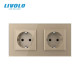 Двойная электрическая розетка с заземлением LIVOLO, золотая, стеклянная рамка, шторки, 250В 16А (VL-C7C2EU-