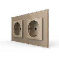 Двойная электрическая розетка с заземлением LIVOLO, золотая, стеклянная рамка, шторки, 250В 16А (VL-C7C2EU-