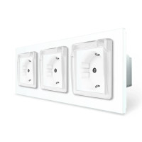 Тройная розетка влагозащитная с крышкой IP44 с заземлением, LIVOLO, белая, стеклянная рамка,