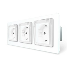 Тройная розетка влагозащитная с крышкой IP44 с заземлением, LIVOLO, белая, стеклянная рамка,
