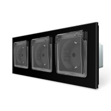 Потрійна електрична розетка вологозахисна з кришкою IP44 з заземленням, LIVOLO, чорна, скляна рамка,