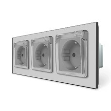 Тройная розетка влагозащитная с крышкой IP44 с заземлением, LIVOLO, серая, стеклянная матовая