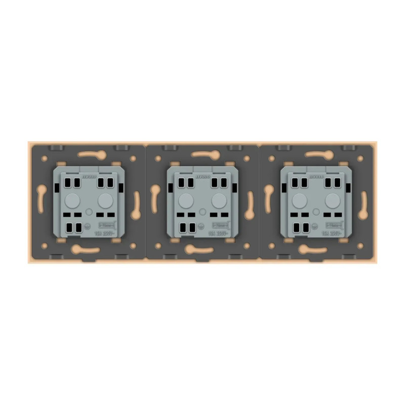 Тройная розетка влагозащитная с крышкой IP44 с заземлением, LIVOLO, золотая, стеклянная рамка