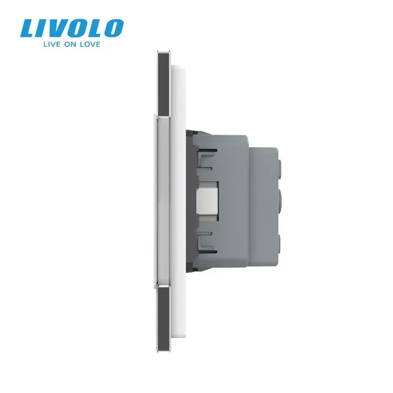 Потрійна електрична розетка з заземленням LIVOLO, біла, скляна матова рамка, шторки, 250В 16А