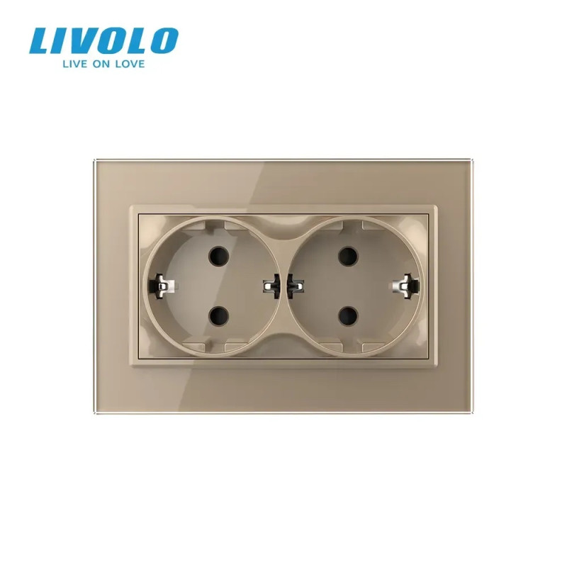 Двойная электрическая розетка в один подрозетник с заземлением LIVOLO, золотая, стеклянная рамка, 250В 16А