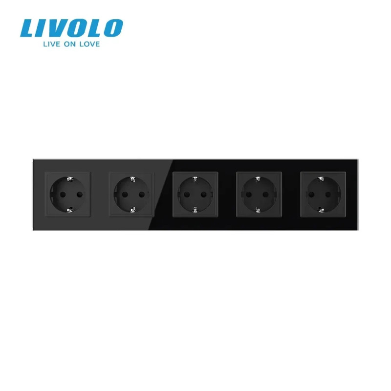 Пятиместная электрическая розетка с заземлением LIVOLO, черная, стеклянная рамка, шторки, 250В 16А (VL-C7C5EU