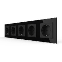 Пятиместная электрическая розетка с заземлением LIVOLO, черная, стеклянная рамка, шторки, 250В 16А (VL-C7C5EU