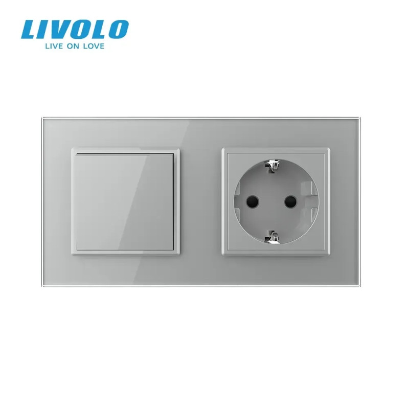 Одноклавишный выключатель с розеткой Livolo серое стекло (VL-C7C1EUK1-15)