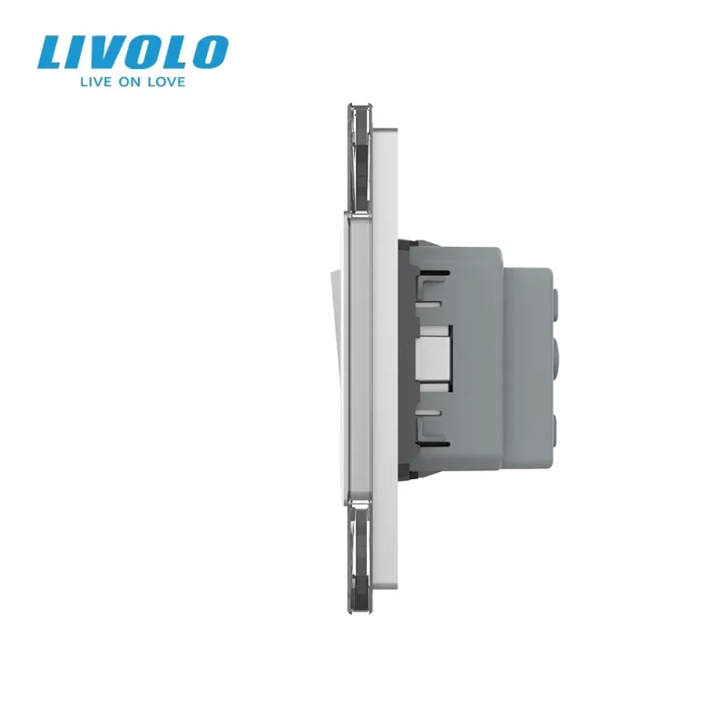 Одноклавишный выключатель с розеткой Livolo серое стекло (VL-C7C1EUK1-15)