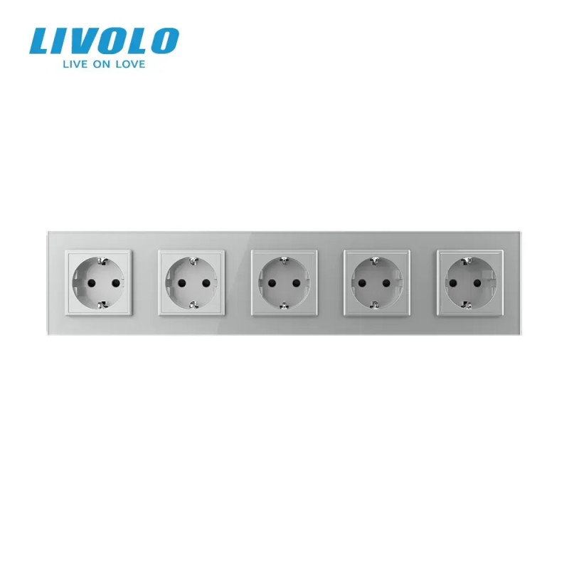 Пятиместная электрическая розетка с заземлением LIVOLO, серая, стеклянная рамка, шторки, 250В 16А (VL-C7C5EU-