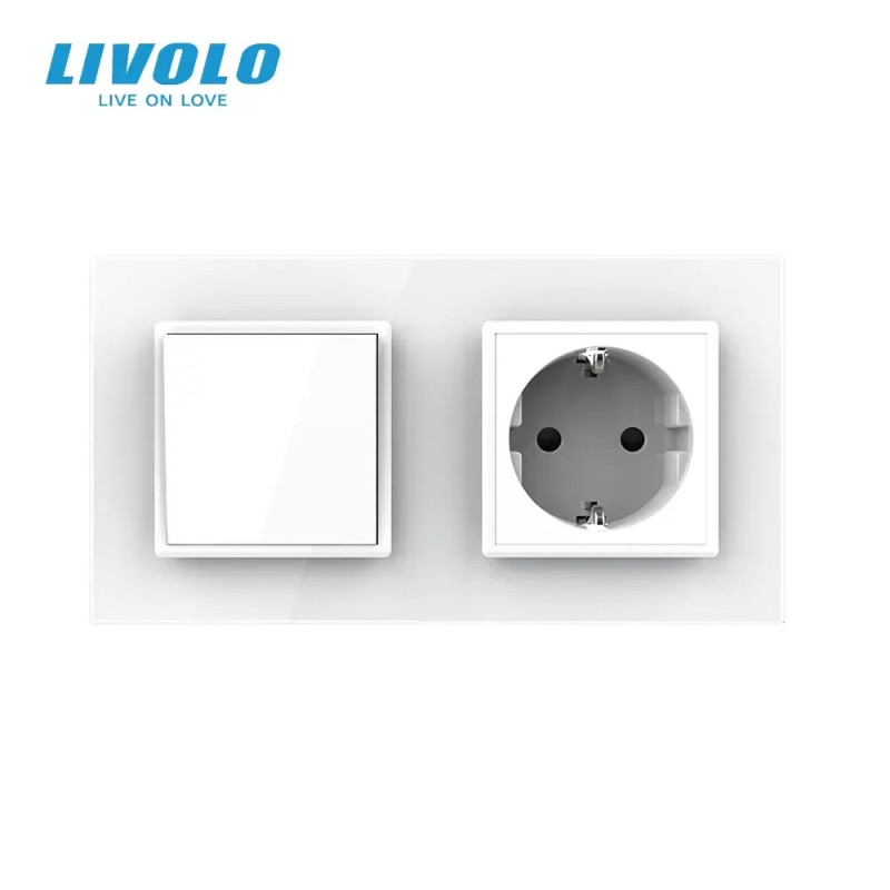 Одноклавішний вимикач з розеткою LIVOLO білий матовий скло