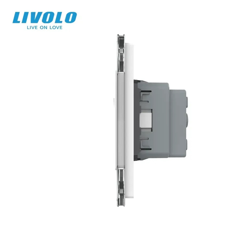Одноклавишный выключатель с двойной розеткой Livolo белое стекло (VL-C7C2EUK1-11)