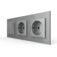 Одноклавишный выключатель с двойной розеткой Livolo серое стекло (VL-C7C2EUK1-15)