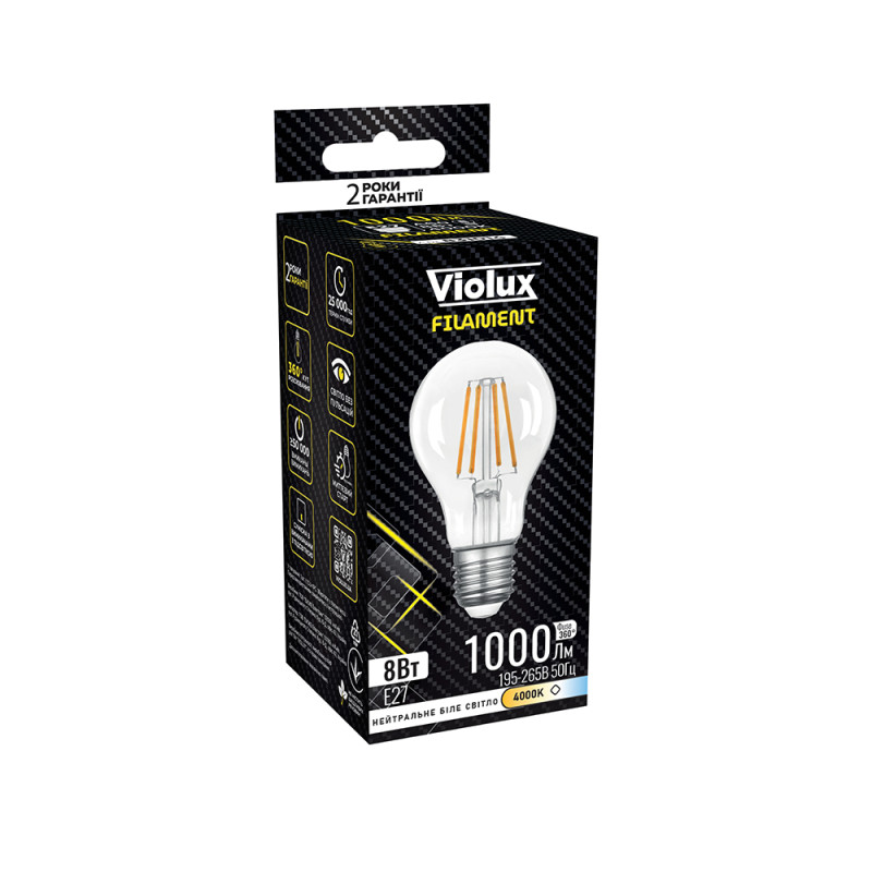 Лампа светодиодная FILAMENT A60 8W E27 4000K Violux 831014