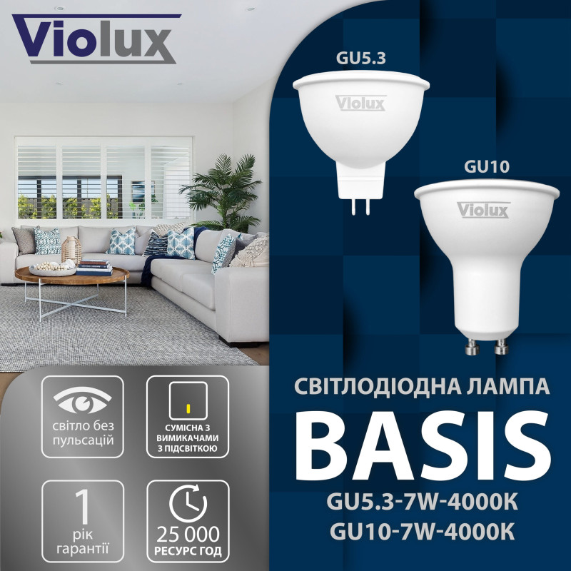 Лампа светодиодная BASIS MR16 4W GU5.3 4000K Violux 821573