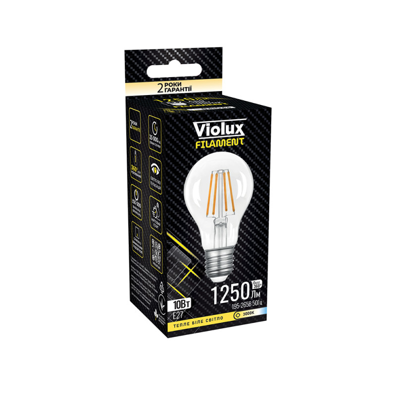 Лампа светодиодная FILAMENT A60 10W E27 3000K Violux 831033