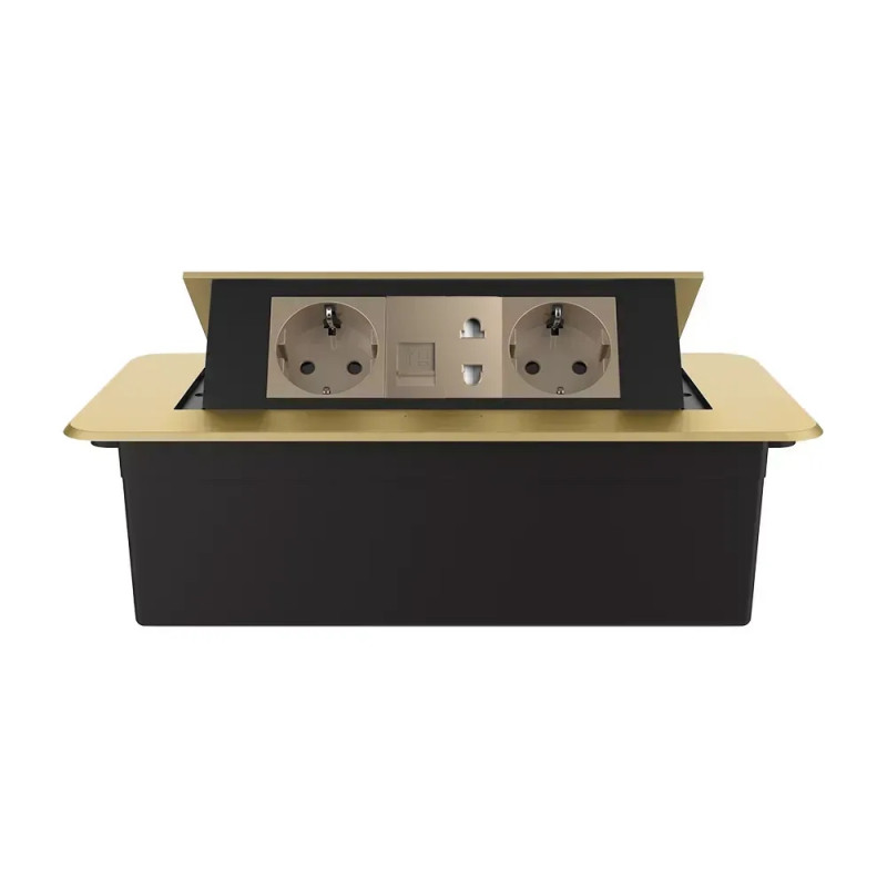 Мебельная розетка тройная LIVOLO золотая, встроенная в столешницу для офиса/конференц-зала/кухни.