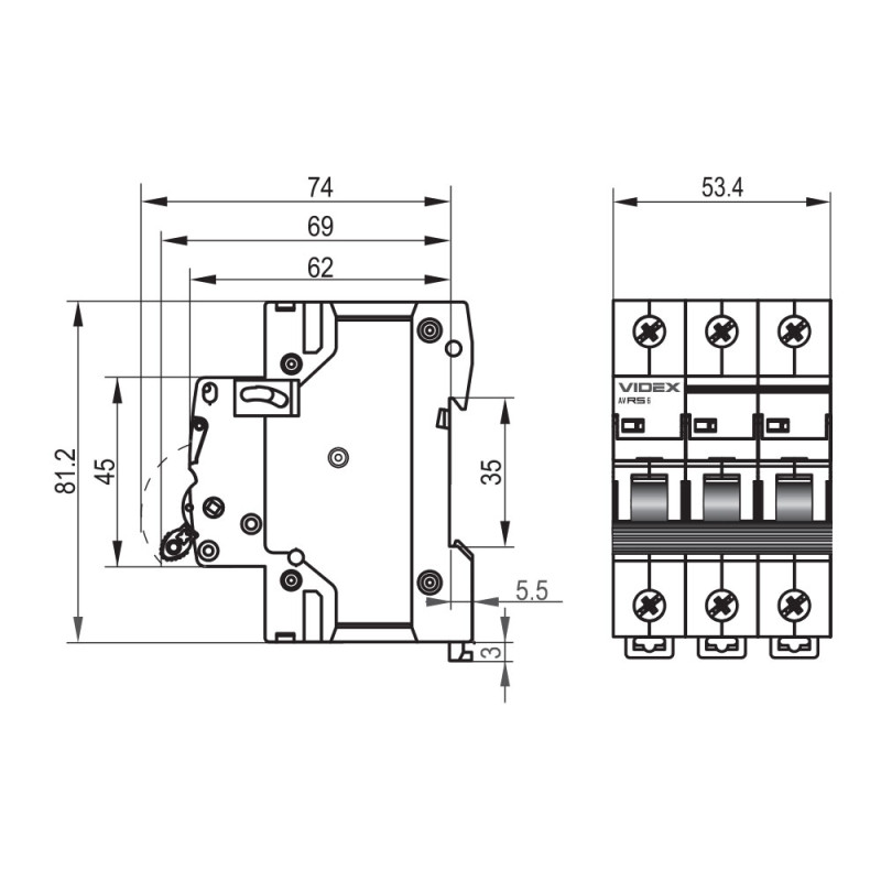 Автоматичний вимикач VIDEX RS6 3п 20А 6кА С RESIST (VF-RS6-AV3C20)