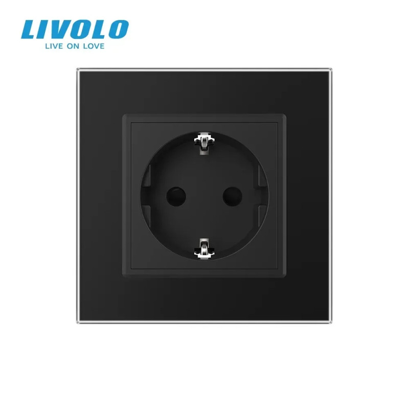 Электрическая розетка с заземлением LIVOLO, черная, стеклянная матовая рамка, шторки, 250В 16А