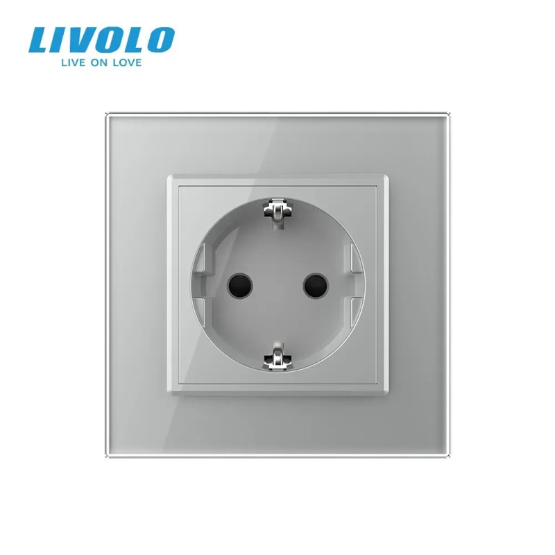 Електрична розетка з заземленням LIVOLO, сіра, скляна рамка, шторки, 250В 16А (VL-C7C1EU-15)