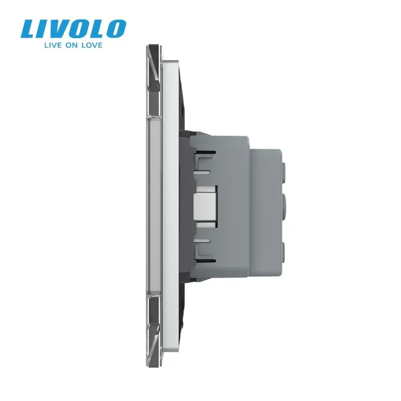 Електрична розетка з заземленням LIVOLO, сіра, скляна рамка, шторки, 250В 16А (VL-C7C1EU-15)