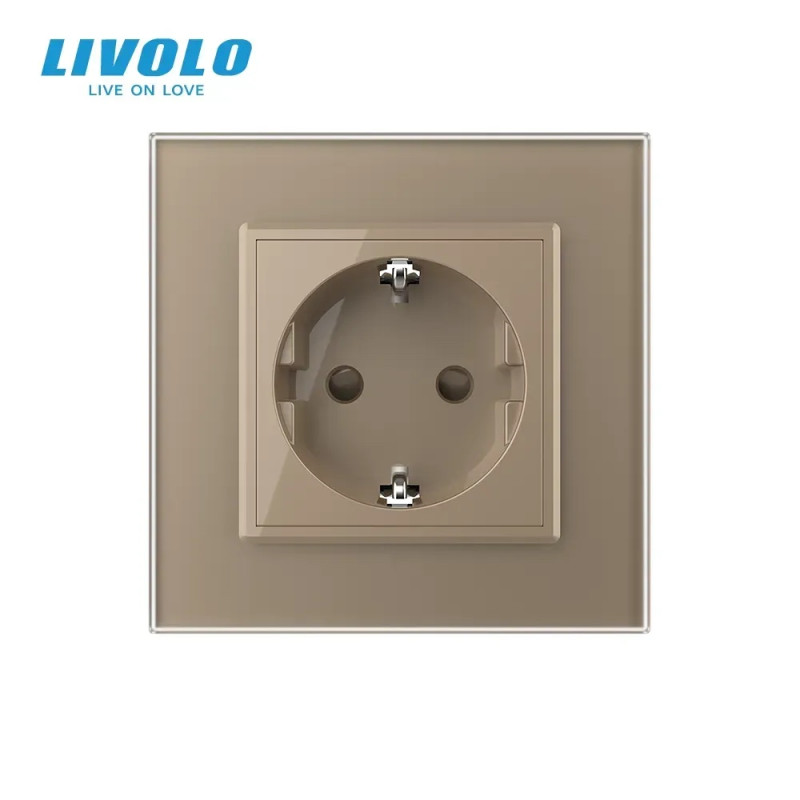 Електрична розетка з заземленням LIVOLO, золота, скляна матова рамка, шторки, 250В 16А